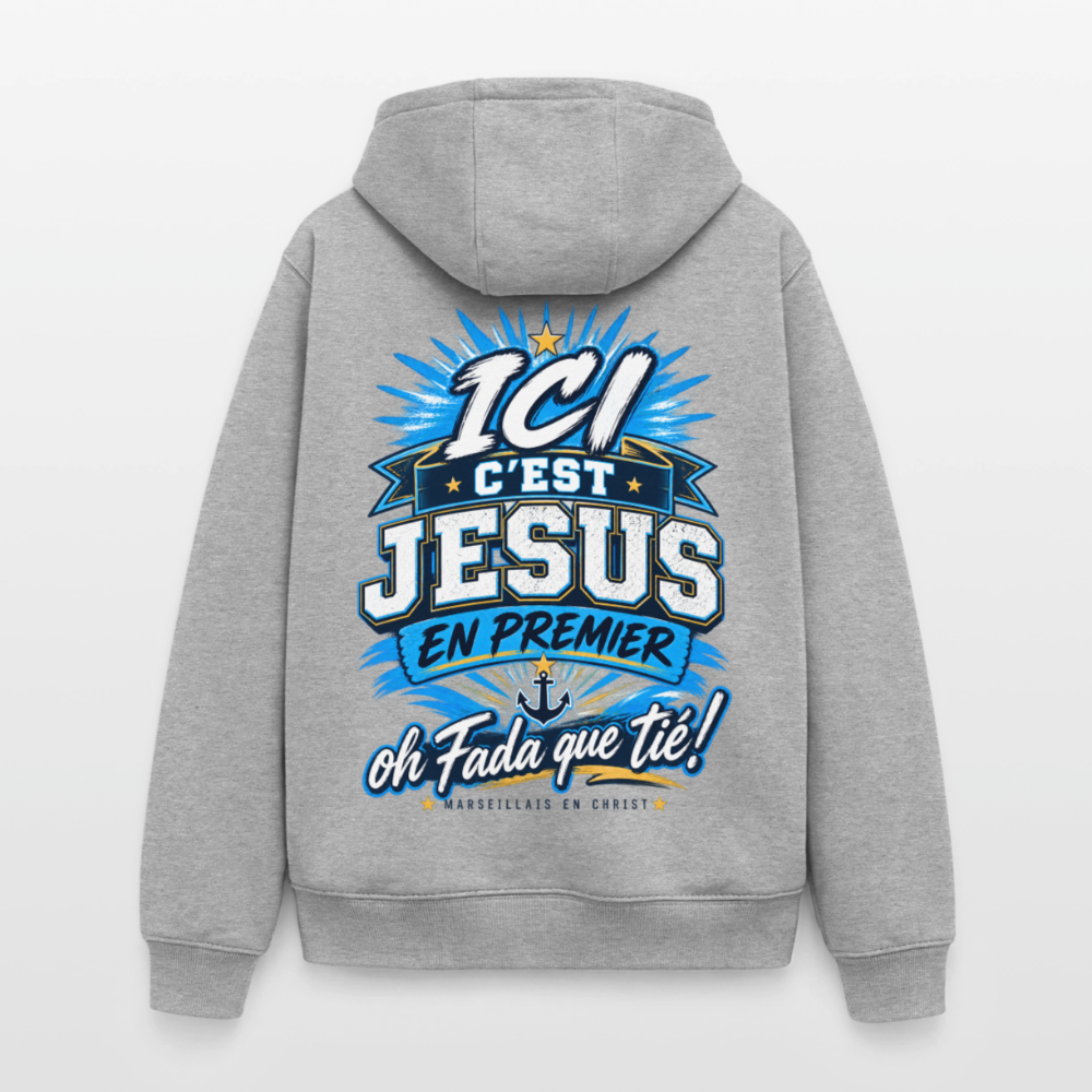 Sweat à capuche unisexe " ICI c'est Jésus " - gris chiné